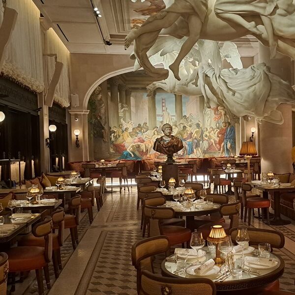 ancient art object display Bacchanalia restaurant London UK